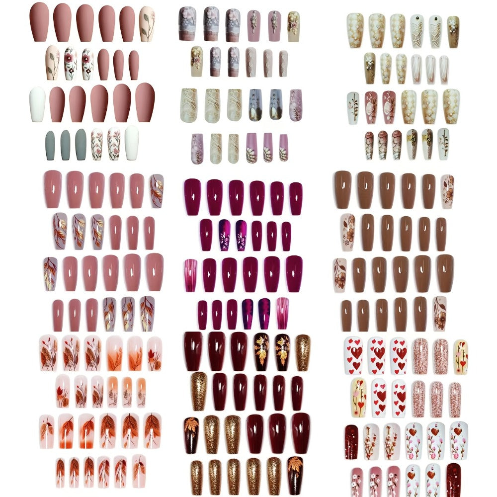 Press On Nails 216-Piece Middle Ballet Nine-Pack Mixed Flower Maple Glossy Set with Jelly Adhesive and File — image 6