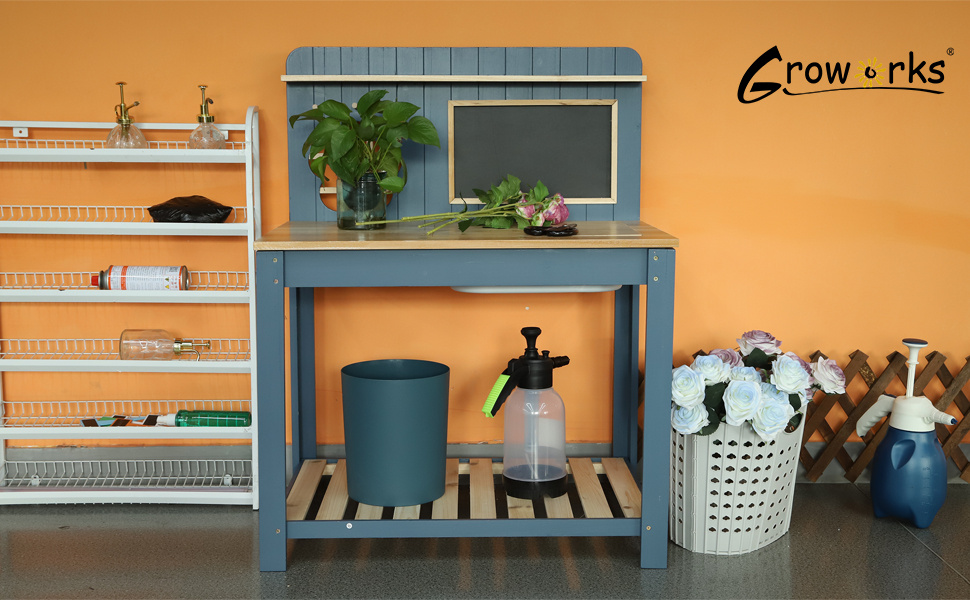 Potting Bench with Blackboard Removable Sink Hooks Double Shelf for Garden — image 30