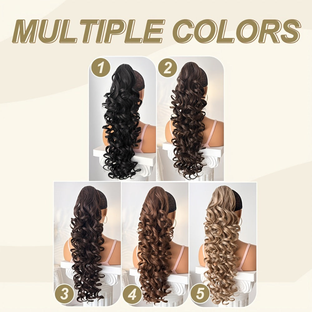 Curly Ponytail Extension 28 Inch Long Heat Resistant Synthetic Clip In Wrap Around Hairpiece Voluminous Bouncy Curls 4 Styles
