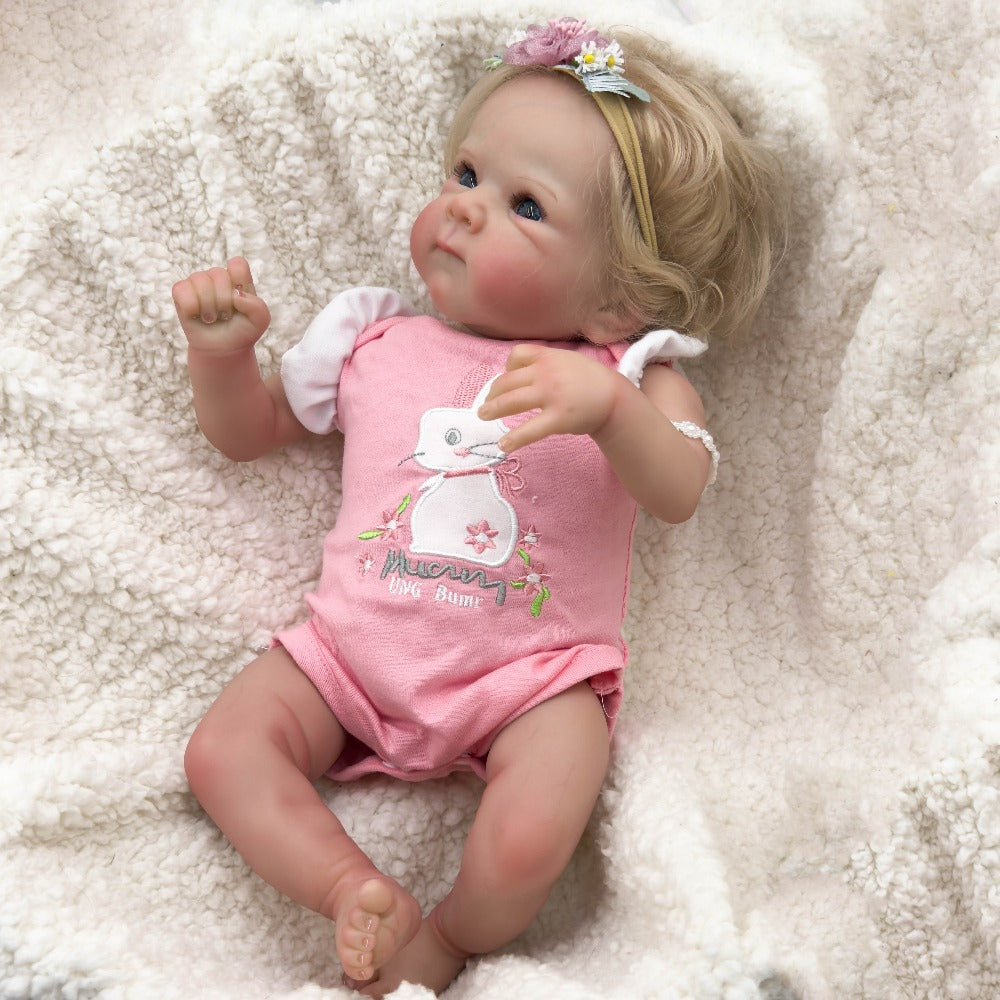 Reborn Baby Doll 16-Inch Cloth Body with Rooted Blonde Hair, Open Eyes, Pink Romper and Pacifier Set — image 16