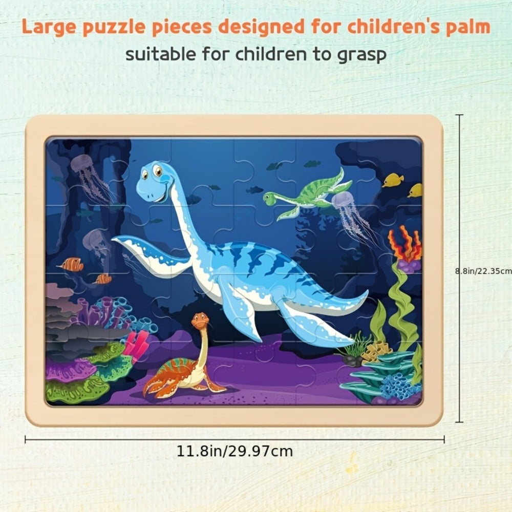 Dinosaur Puzzle Set for Kids Ages 3-8 Wooden 4-in-1 Jigsaw with 24 Pieces Each, Colorful Preschool Educational Toy for Boys &