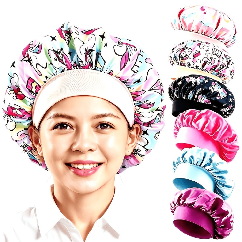 Shower Caps 6 Pack Unicorn Colorful Printed – Adjustable Elastic Reusable Waterproof Hair Cap Set for Women & Girls — image 7