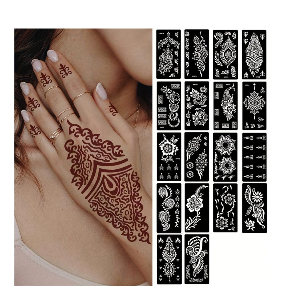 Nine-Sheet Reusable Tattoo Stencil Set with Long Floral and Henna-Style Pattern Cards in HN1 or HN2 — image 1
