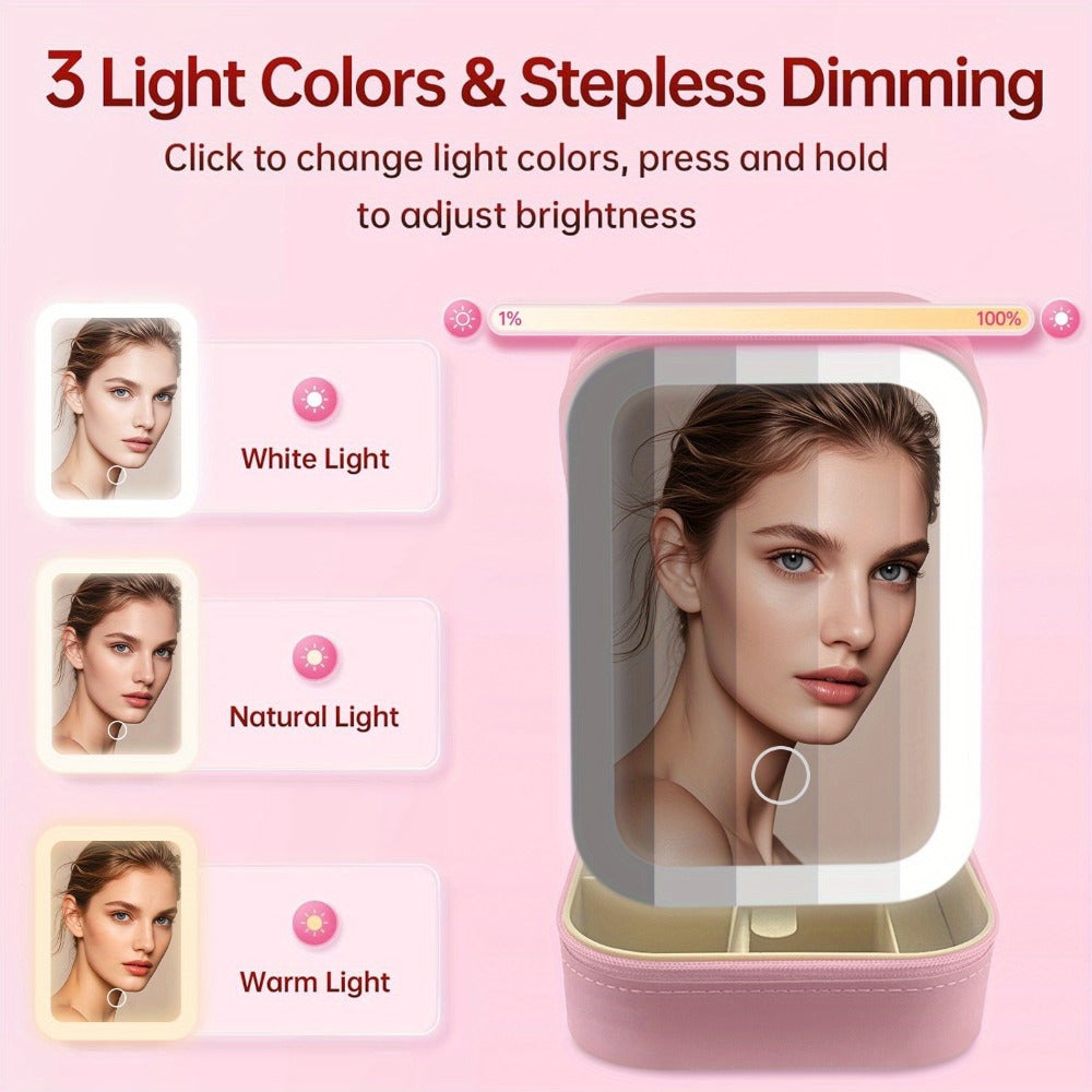 Lighted Makeup Mirror with Travel Case Cosmetic Organizer 3-Color LED Light 1200mAh, for Makeup, Travel and Everyday Vanity U