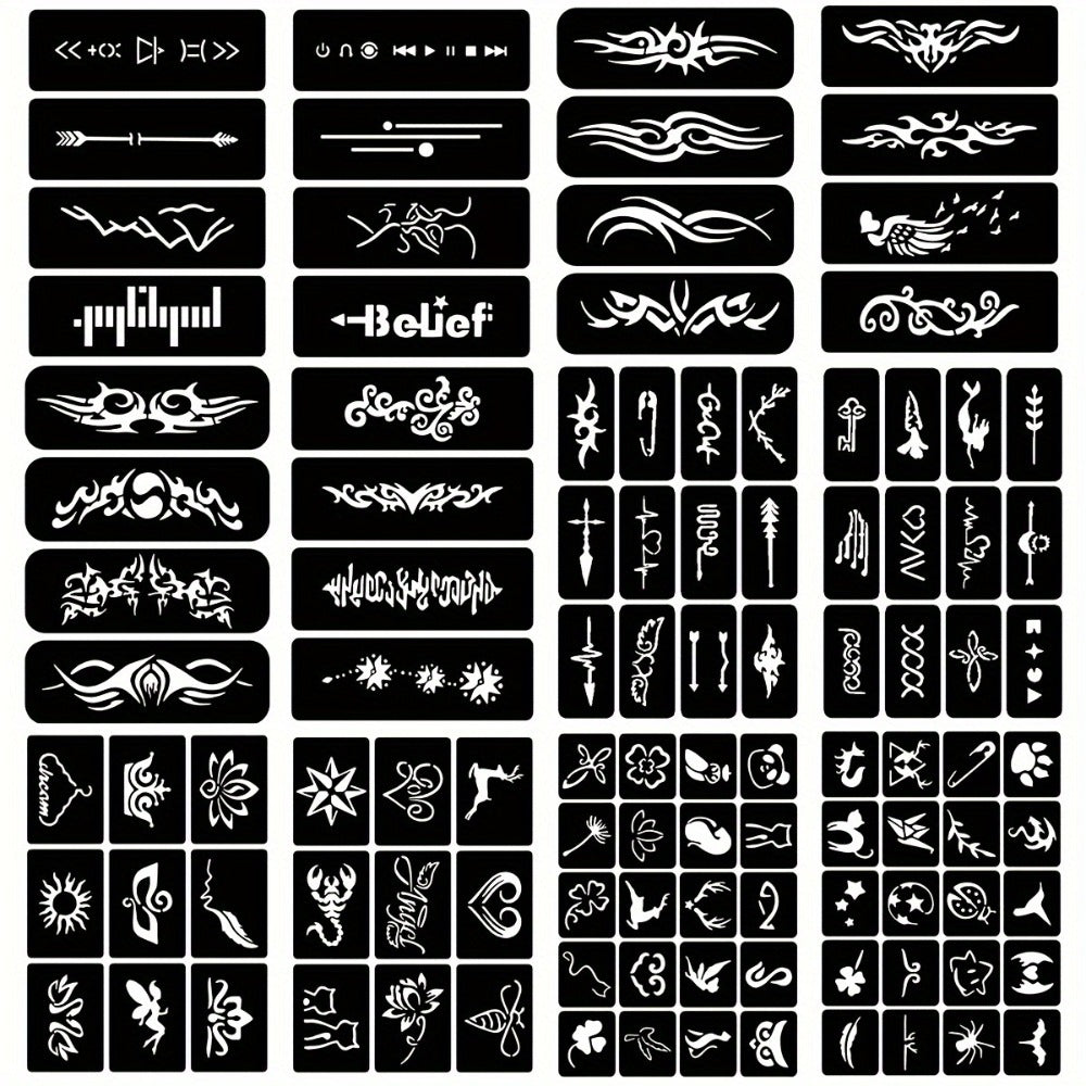 DIY Tattoo Stencils Set 12 Sheets Hollow Design Templates | Reusable Body Art Kit for Arm Ankle Ear Wrist | Waterproof Compat