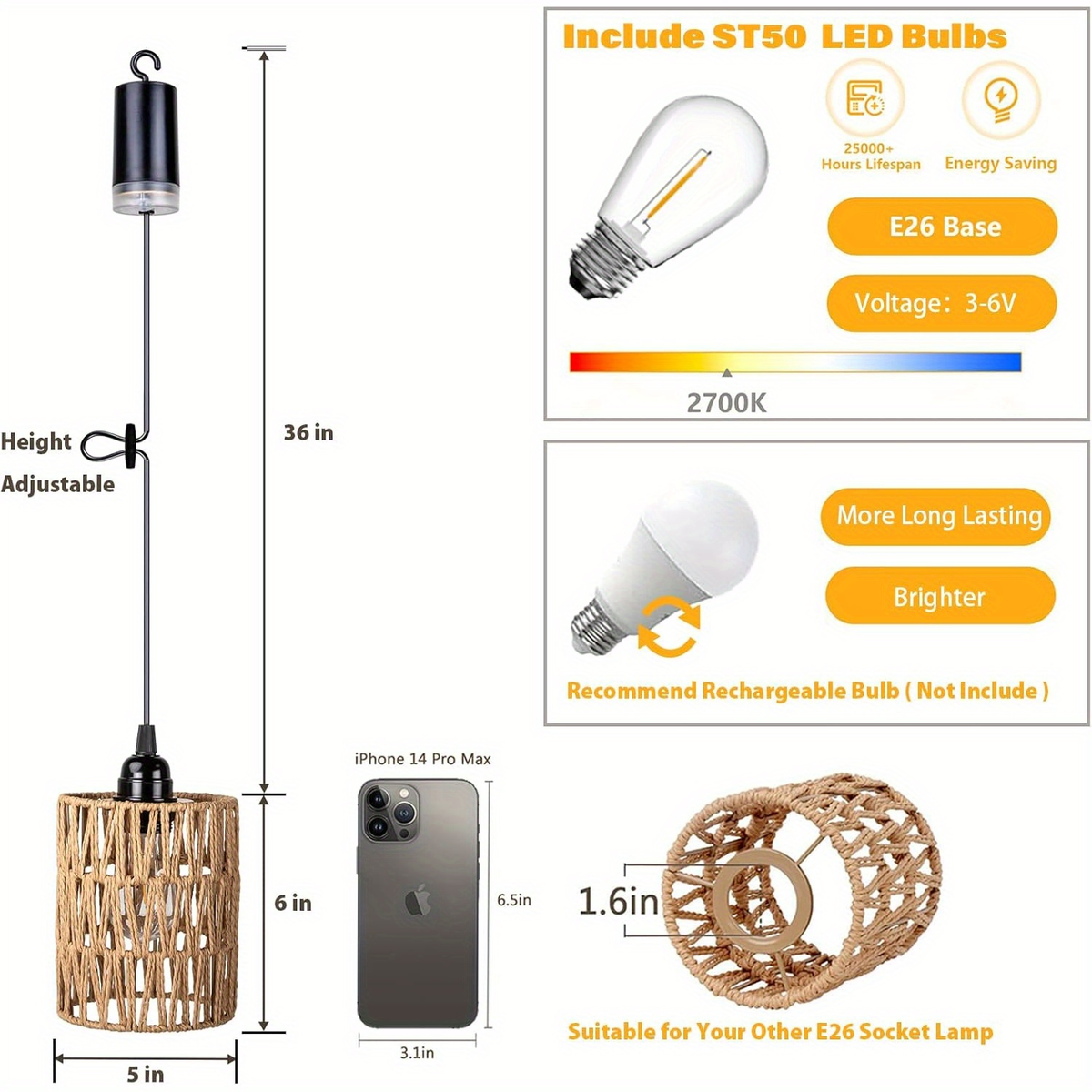 Battery Operated Pendant Light Rattan Boho Chandelier Hanging Light Warm White Bulb Wireless No-Wiring for Gazebo Pergola Por