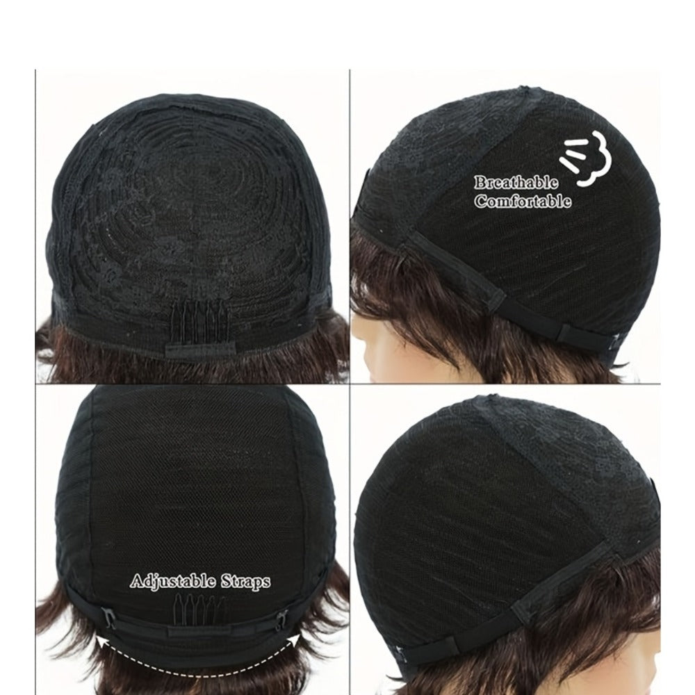 Wig Short Curly Wavy Pixie Bob in Natural Black, 6-Inch Human Hair with Bangs and Rose Net Cap — image 5