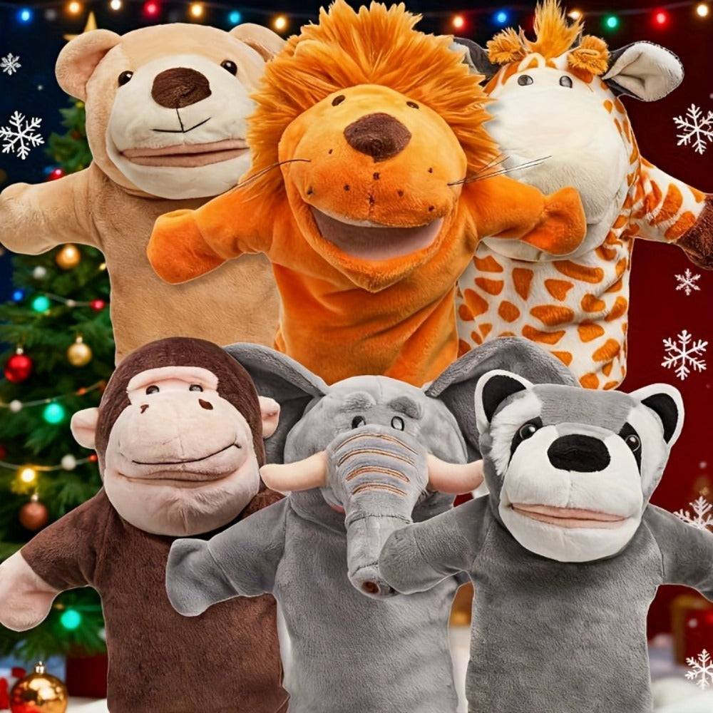 Six-Piece Zoo Animal Hand Puppet Set with Brown, Orange, Spotted and Gray Character Designs — image 2