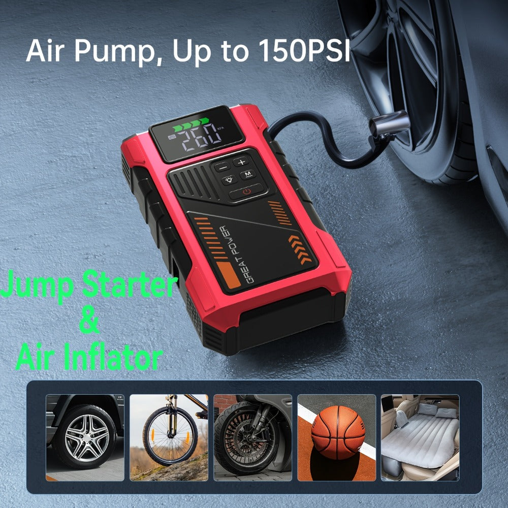 12V Jump Starter with 4000A Marking, 150 PSI-Labeled Air Compressor, Digital Pressure Display and Two Black Color Options — i