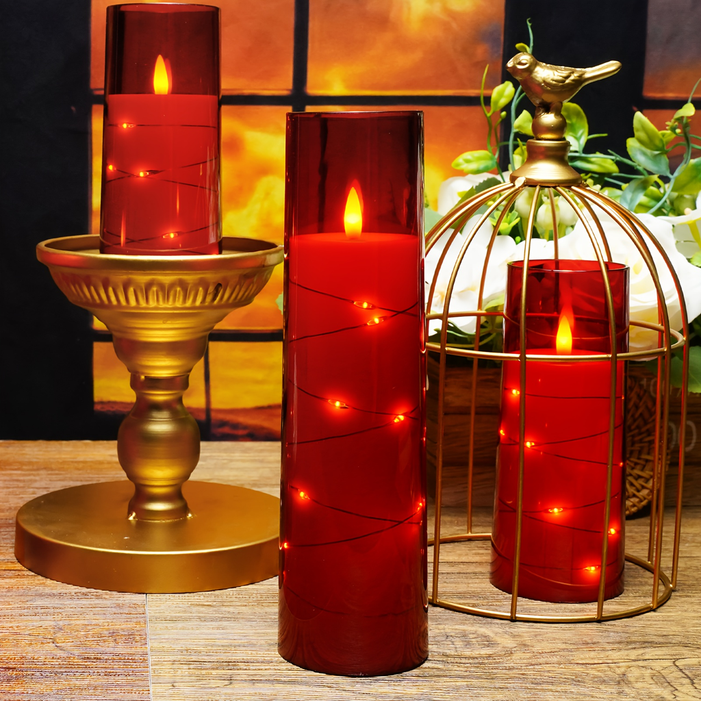 Flameless LED Candles with Remote Control Timer and Star String Lights Set of 5 or 7 Pillar Candles for Wedding Garden Home D