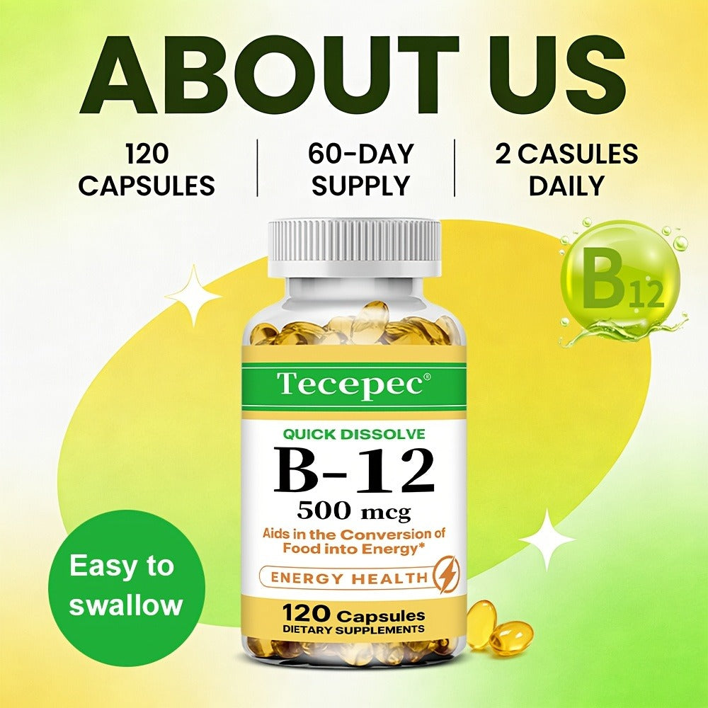 Vitamin B12 500mcg Capsules 120 Count for Women Men for Bath Time, Home Spa and Personal Care — image 6