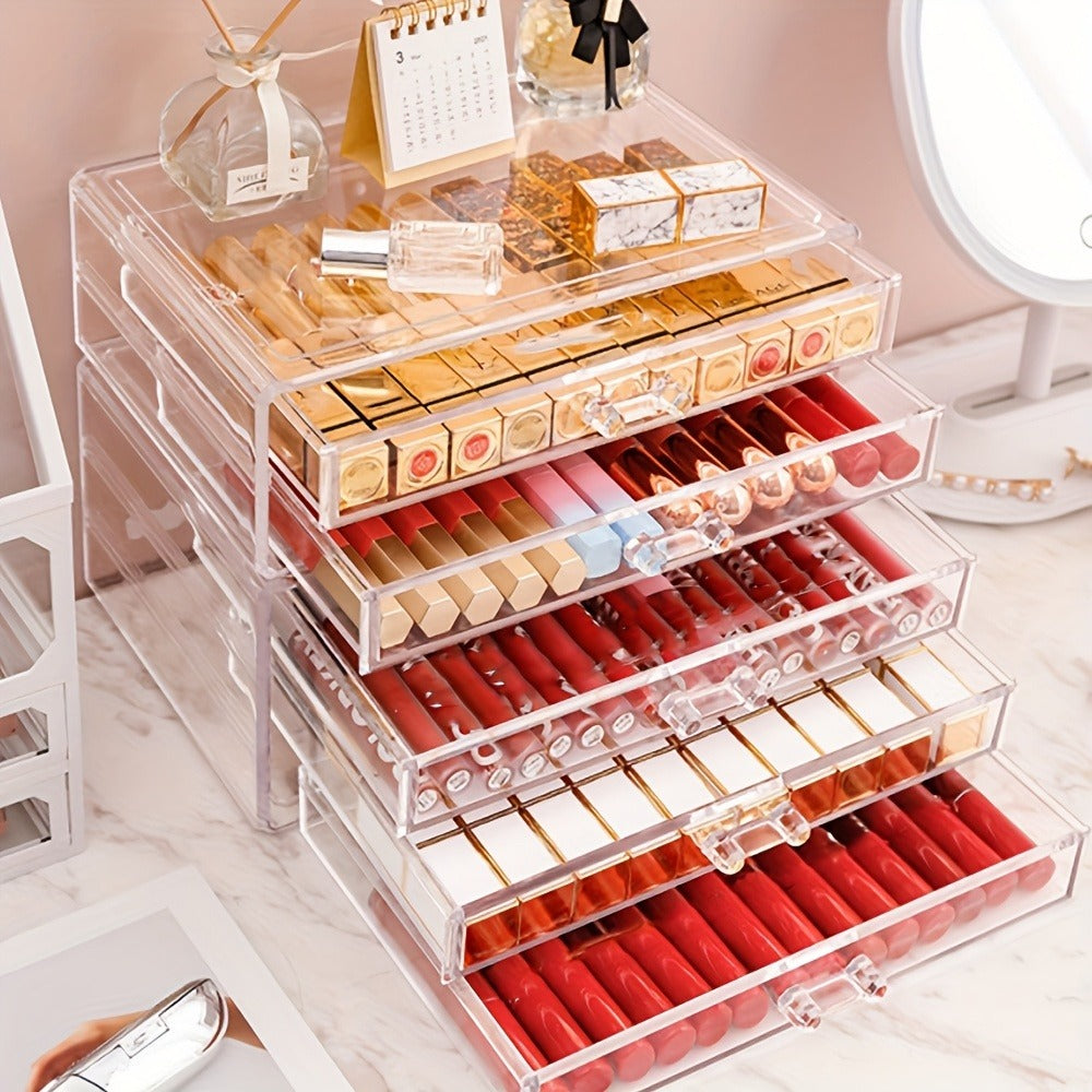 Clear Acrylic Makeup Organizer 5-Tier with Drawers Dustproof Cosmetic Storage for Lipstick Foundation Brushes Skincare — imag