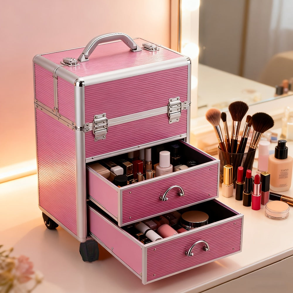 Makeup Train Case in a Lockable Aluminum Multi-Tier Design with Extendable Trays for Portable Salon and Travel Use — image 1