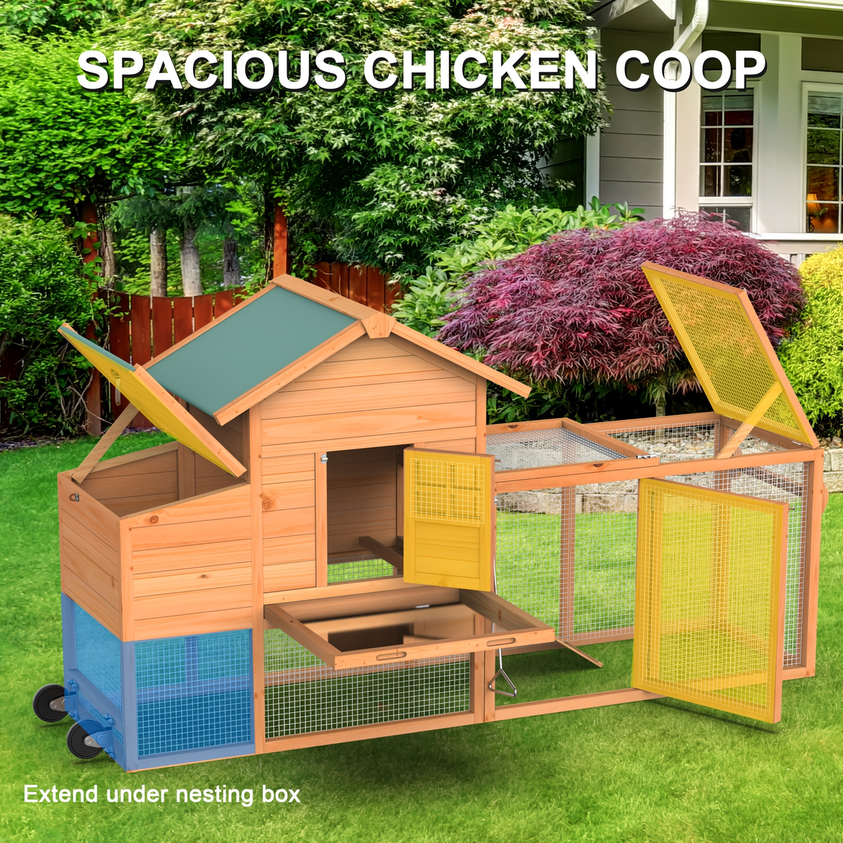 Portable Wooden Chicken Coop with Wheels, Nest Box and Wood Roof or Sunshine Board Run Option — image 7