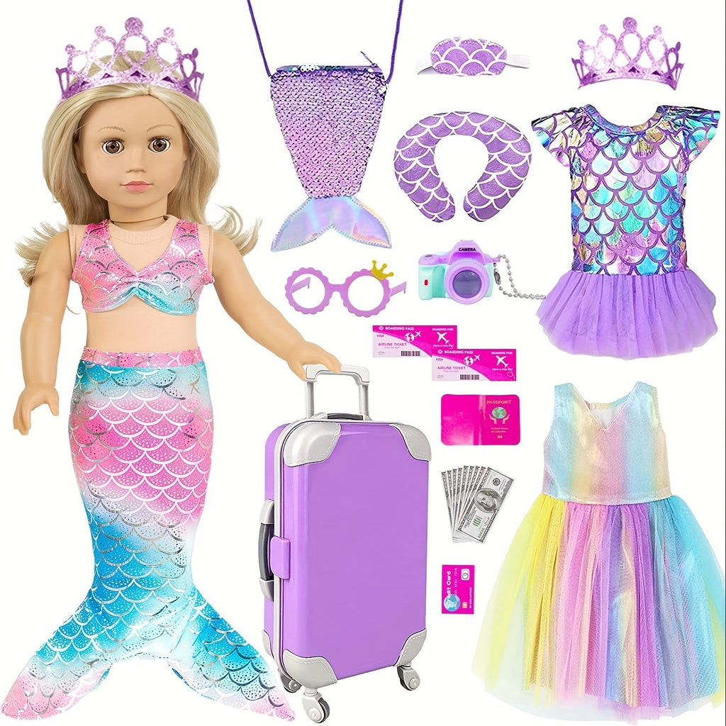 Twenty-Piece Mermaid Travel Accessory Set for 18-Inch Dolls with Purple Suitcase, Skirts and Crown — image 10