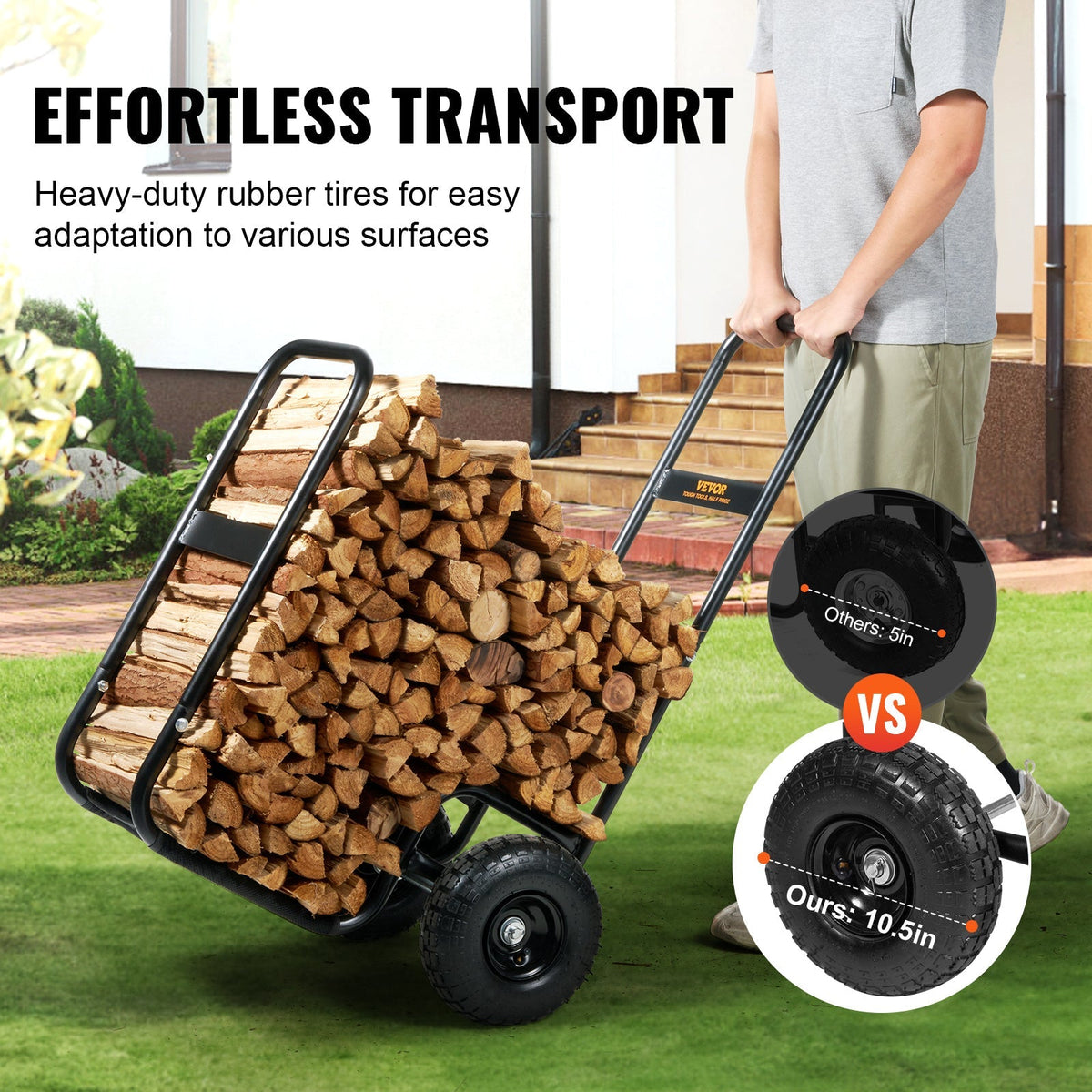 Firewood Log Cart, Carbon Steel Wood Carrier with Pneumatic Rubber Wheels for Garden, Patio and Yard Use — image 2