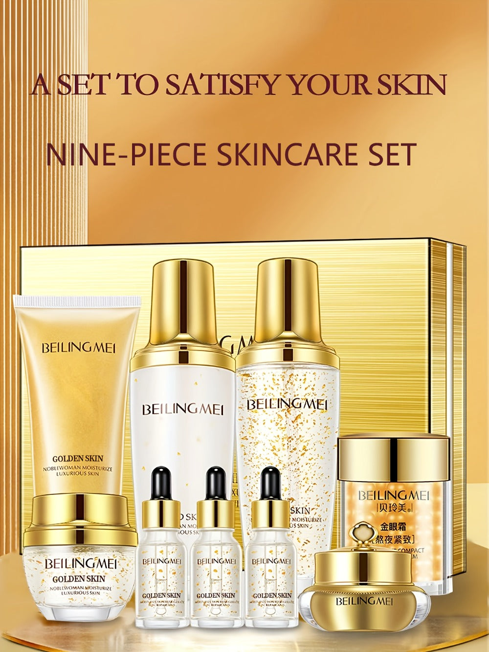 Skincare Gift Set for Women 9pcs Golden Luxury Kit, Niacinamide Collagen Hyaluronic Acid Daily Facial Care Premium Birthday H