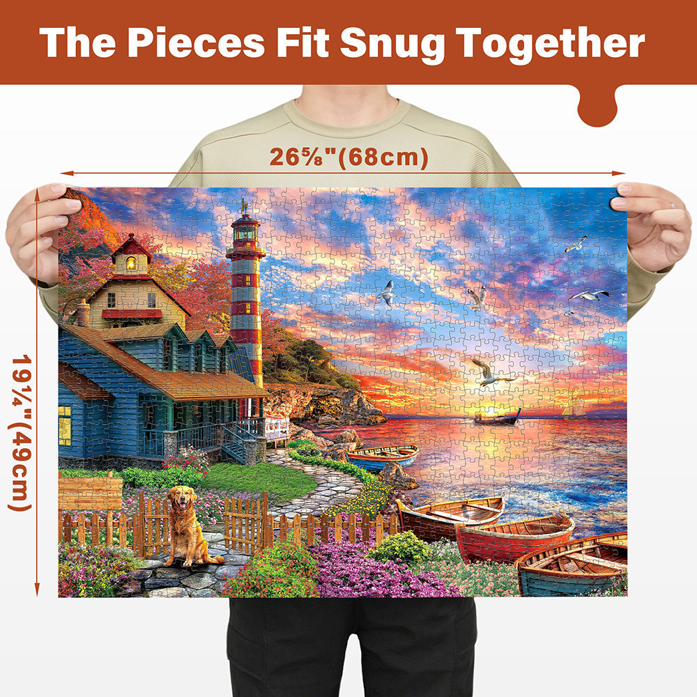 1000 Piece Jigsaw Puzzles for Adults 3 Pack – Sunset Lighthouse, Bird Crochet & Moroccan Pottery Set, Precision-Cut Brain Tea