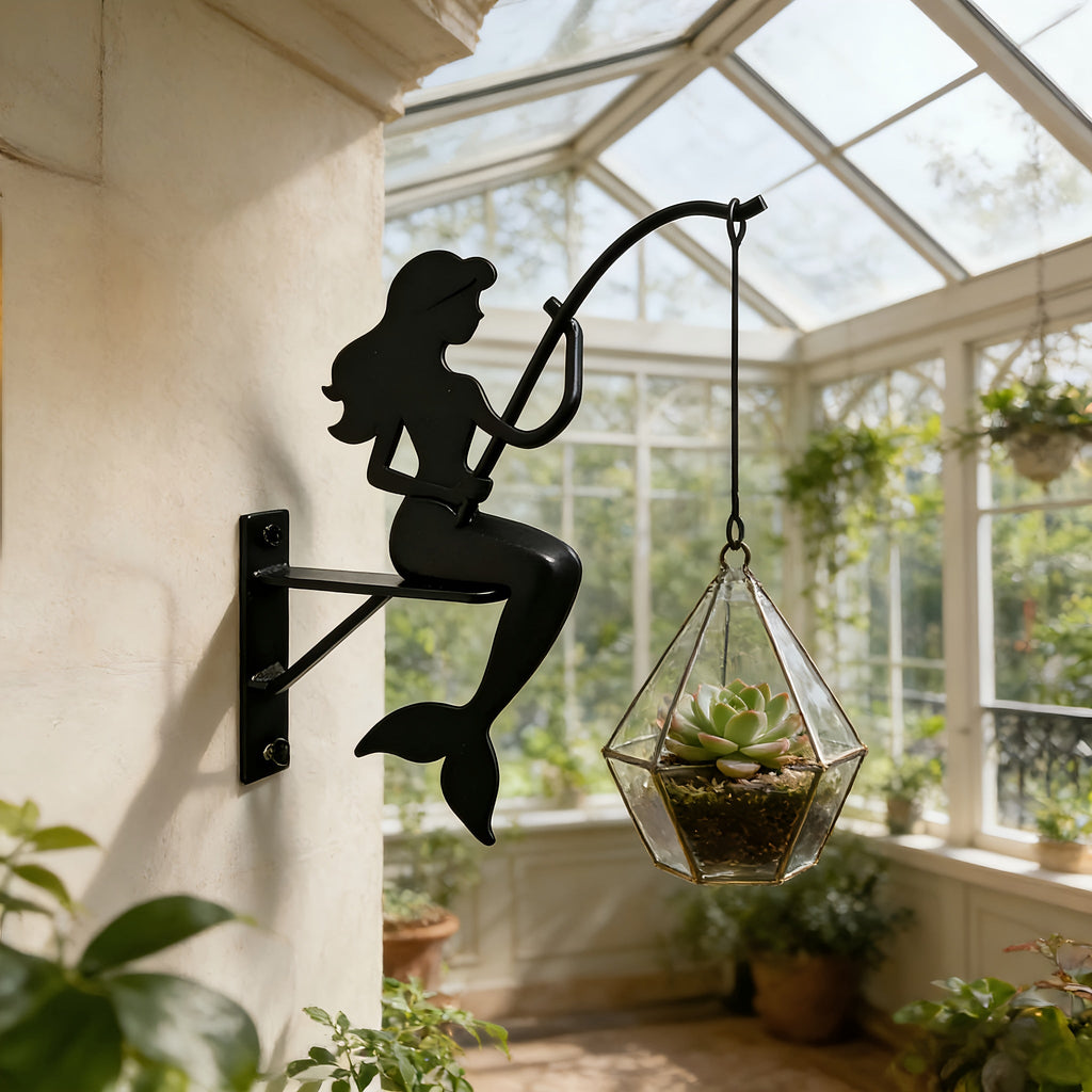 Wall Planter Hanging Iron Art Mermaid Flower Pot Holder for Balcony Vertical Garden – Creative Fisherman Theme Indoor Outdoor