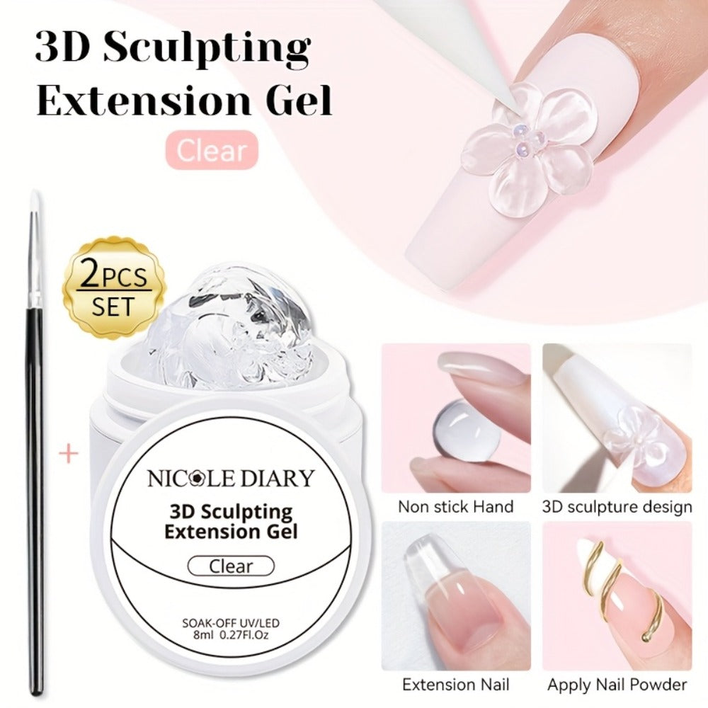 3D Sculpting Builder Gel Kit with Carving Pen – Clear & White Nail Extension Gel for Floral Nail Art, Acrylic Extensions & DI
