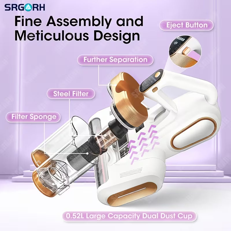 Cordless Mattress Vacuum Cleaner with UV Light and Double Cup