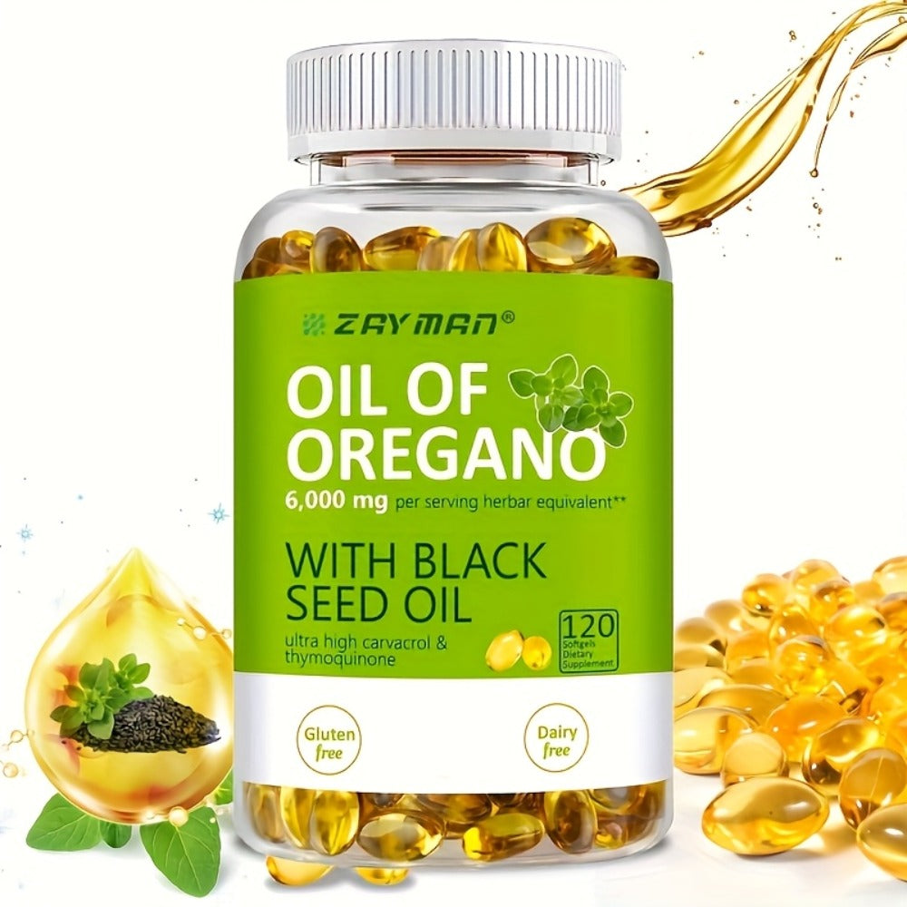 Herbal Supplements with ZEYMAN Label, Oregano Oil 6000mg and Black Seed Oil 200mg Softgels, 120 Count — image 1
