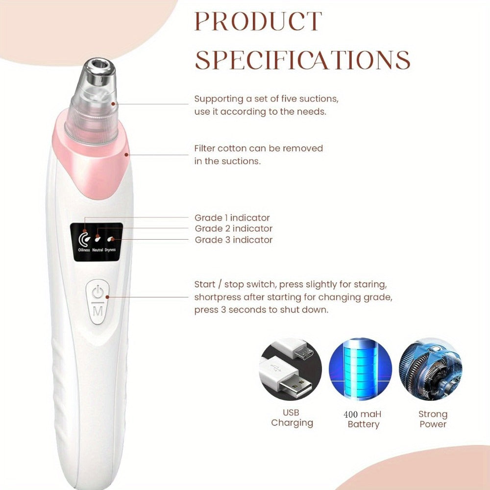 Pink Pore Vacuum Blackhead Remover with 3 Suction Levels, 5 Heads and 4 Manual Extractor Tools — image 11