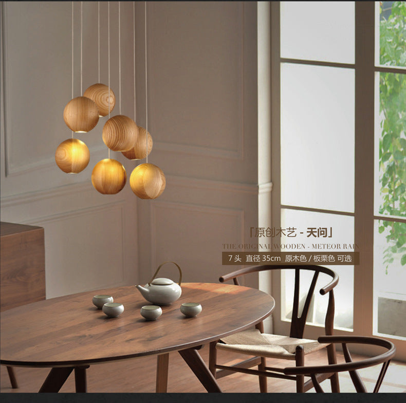 Nordic wood solid wood ball chandelier creative personality living room dining room hanging lamps