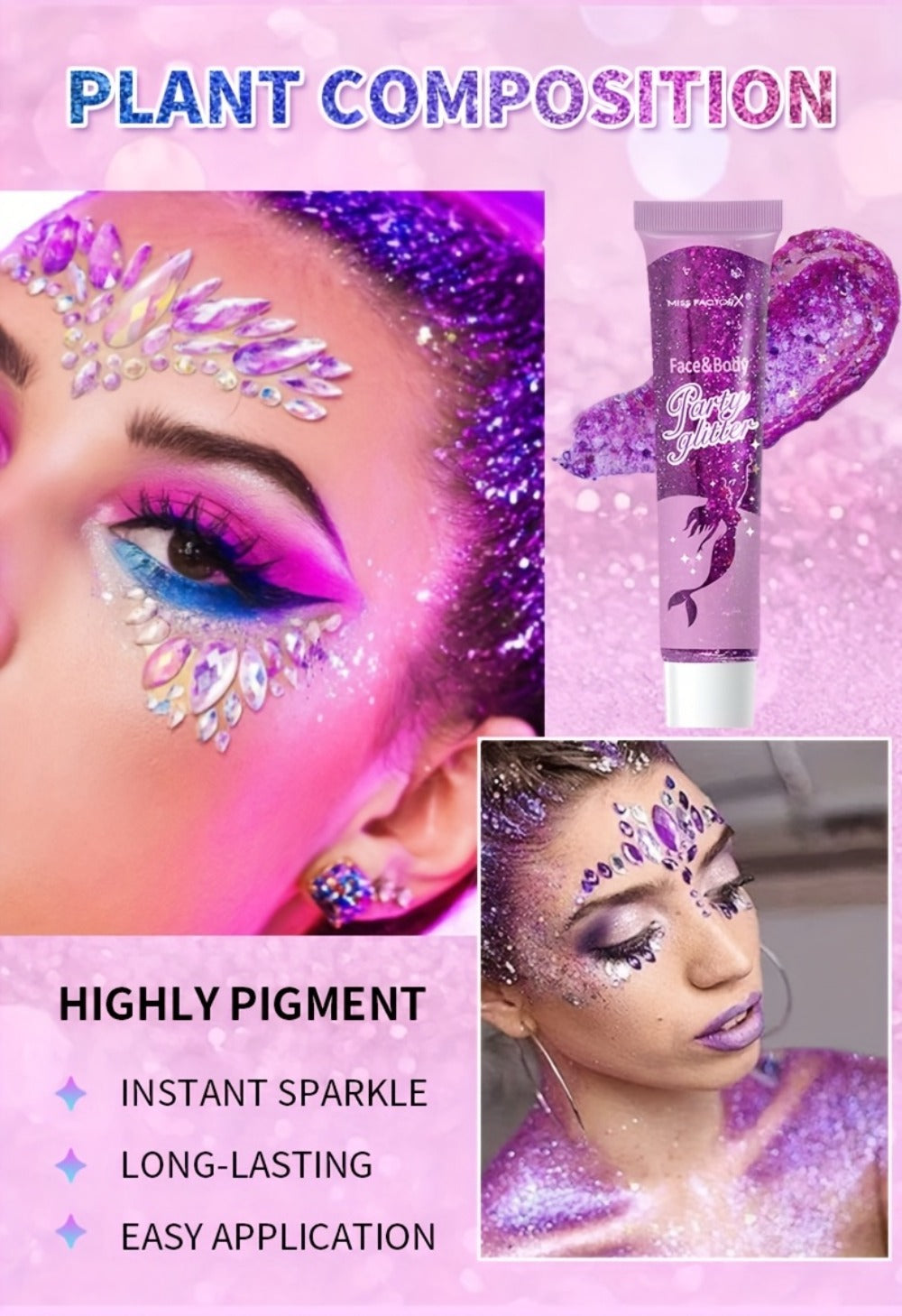 Face Body Glitter Gel Set 30 Pieces – Colorful Shapes Mermaid Sequin Stars Hearts, Transparent Gel Base, Skin-Safe Shimmer Ma
