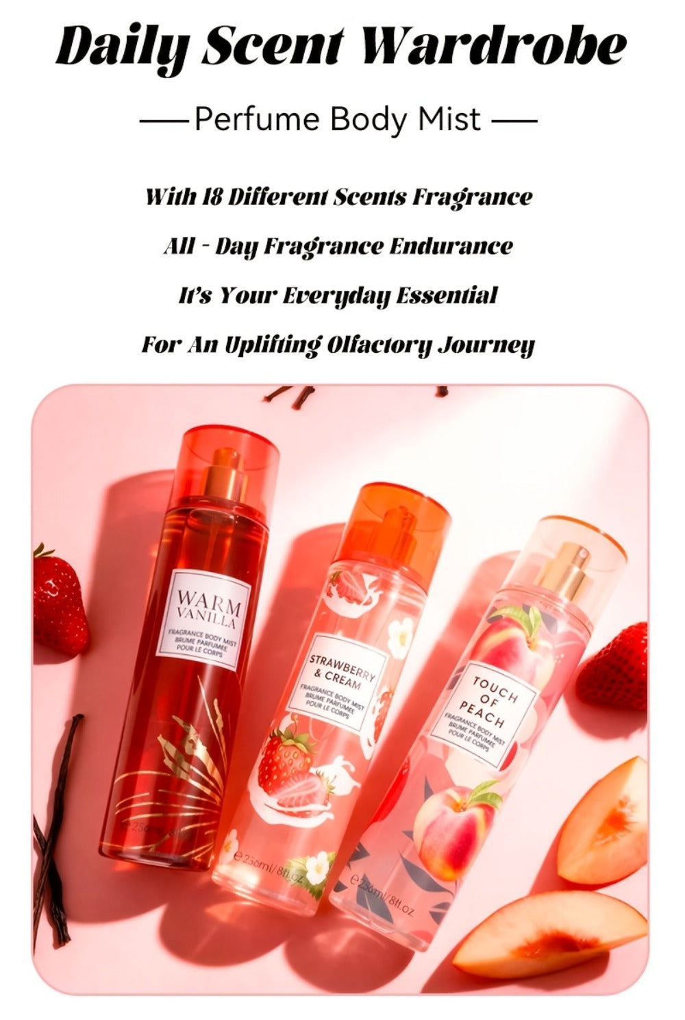 Body Spray for Women 4-Pack 8.4oz Each Hair Body Fragrance Mist Set 20 Floral Fruity Scents Daily Use Gift Value Bundle 250ml