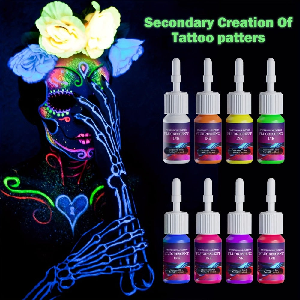 Tattoo Ink DMTATTOO UV Blacklight Set with Eight 5ml Bottles in White, Red, Orange, Green, Yellow, Purple, Blue and Pink — im
