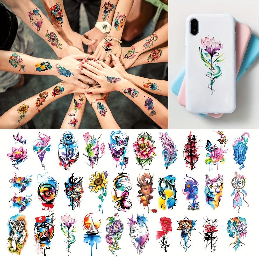 Temporary Tattoos, 46-Sheet Colorful Floral, Geometric, Portrait and Ink-Painting Style Body Art Set — image 8