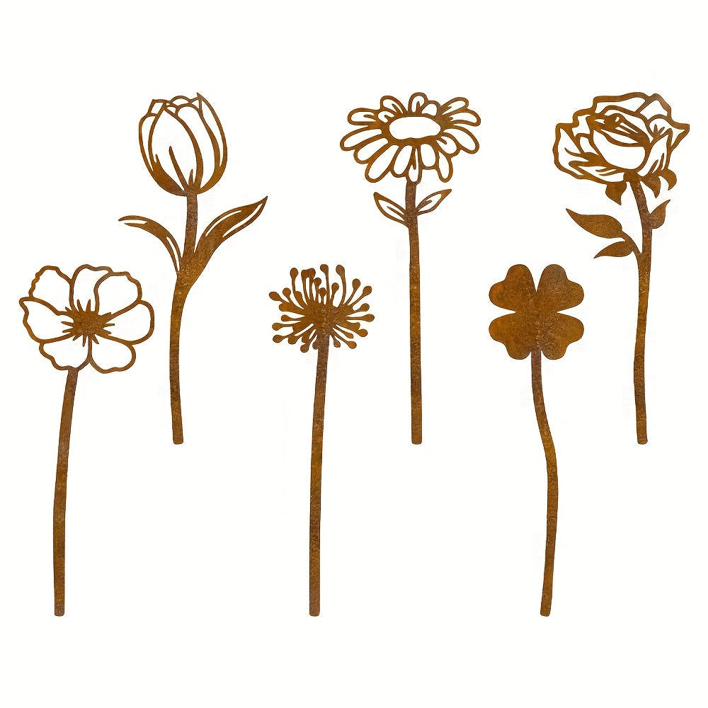 Rustic Flat Metal Flower Garden Stakes, Six-Piece Rose, Daisy and Botanical Set for Pots and Borders — image 1
