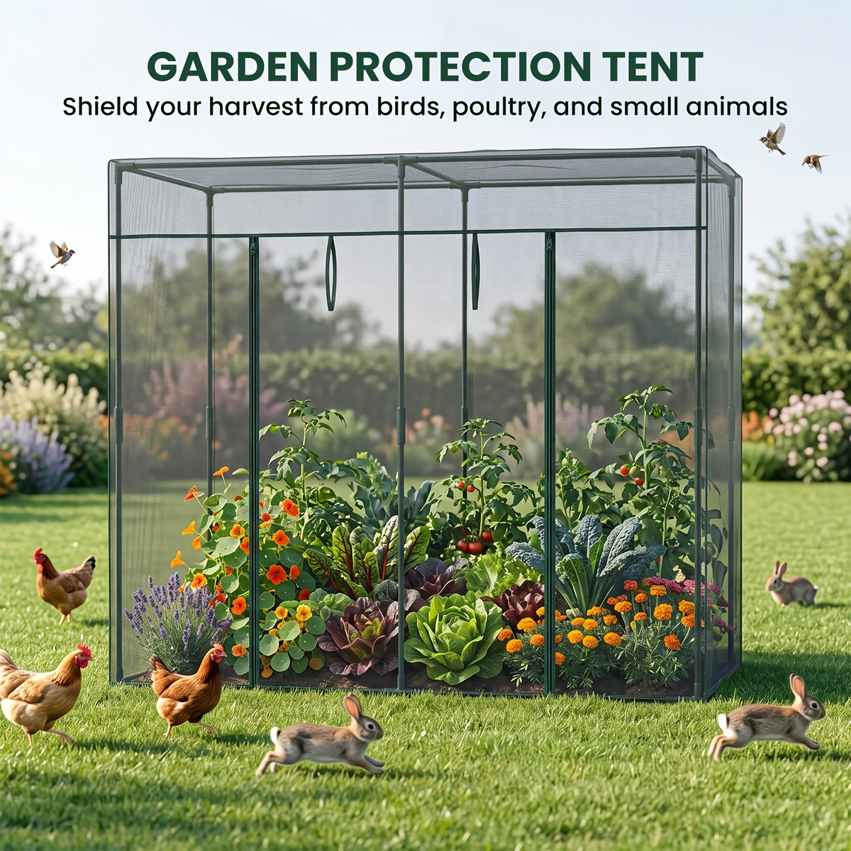 Plant Protection Tent Crop Cage with Zippered Door & Square Frame, Raised Garden Bed Cover Wind-Resistant for Outdoor Vegetab