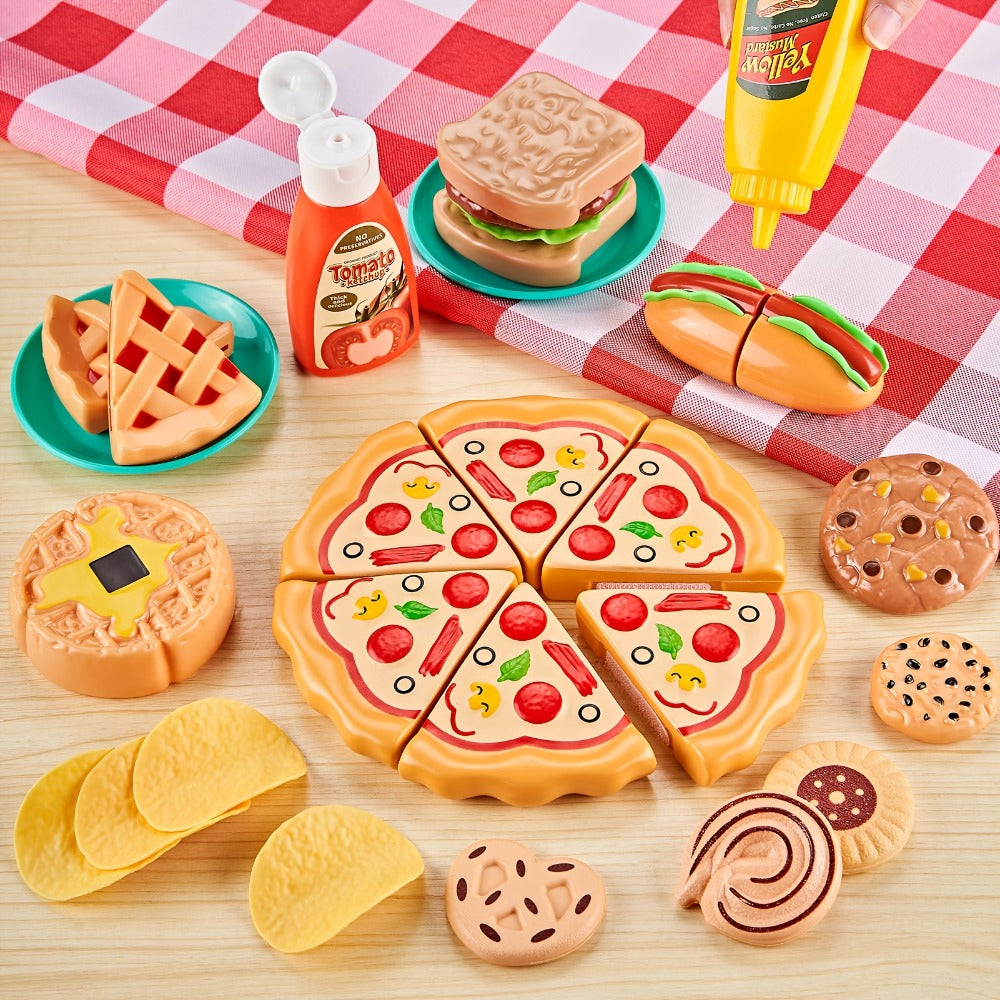 Pretend Play Food Set 85pcs, Cutting Toy Food with 2 Baskets, Pizza Veggies & Fruits, Play Kitchen Accessories for Toddlers —