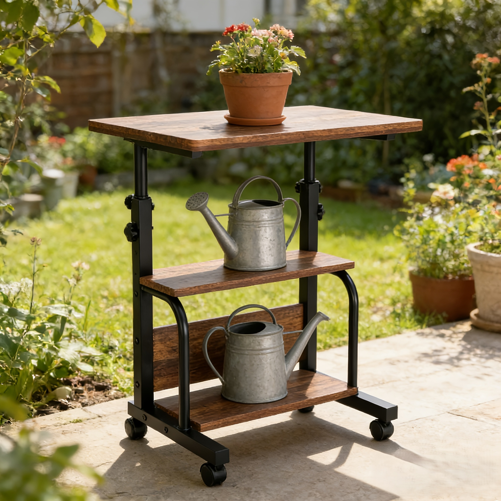 Garden Work Table 31.5" Adjustable Height Mobile Desk with Storage Shelves, Metal Frame, for Patio Outdoor Bedroom Office Pot