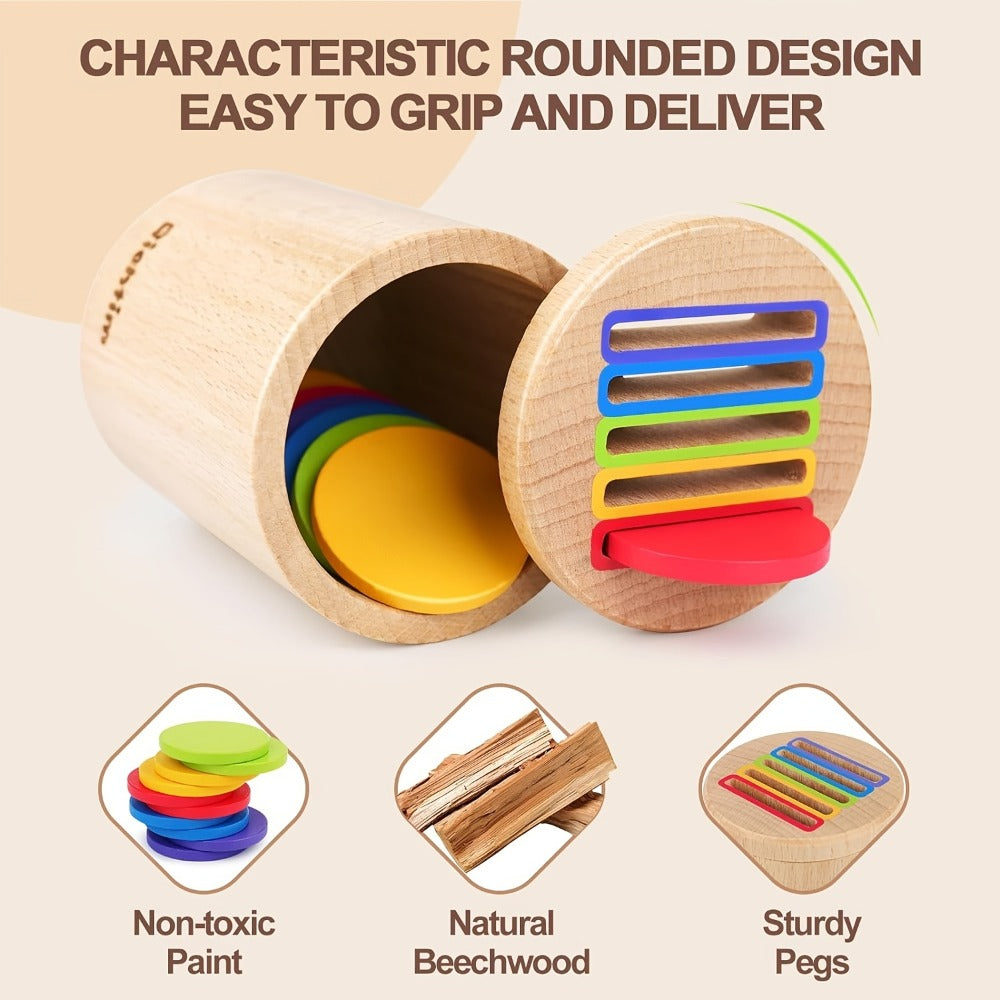 Wooden Color Sorting Coin Box Toy for Toddlers 1+, Montessori Educational Sensory Learning Toy with 10 Colorful Blocks & Stor