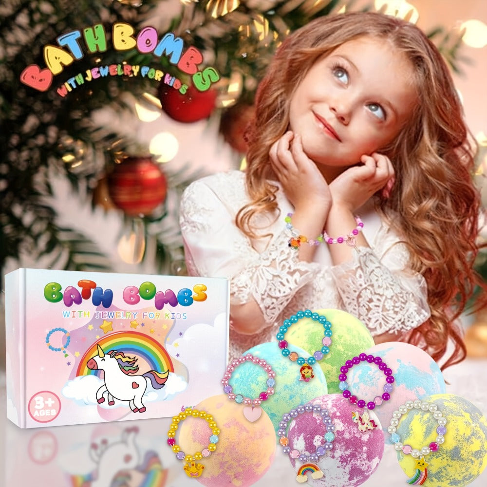 Bath Bombs, 6-Piece Unicorn Surprise Gift Set with Colorful Round Fizzers, Bracelet and Ring Accessories — image 3