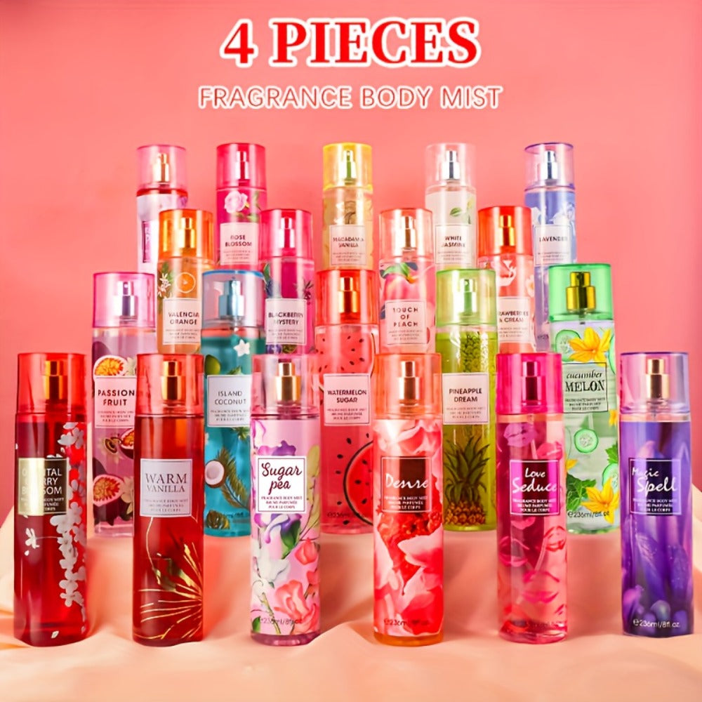 Body Spray for Women 4-Pack 8.4oz Each Hair Body Fragrance Mist Set 20 Floral Fruity Scents Daily Use Gift Value Bundle 250ml