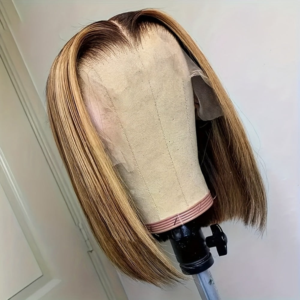Lace Front Wig P4/27 Honey-Highlight Straight Bob, 8-14 Inch Human Hair with 5x1 Front and 180% Density — image 8