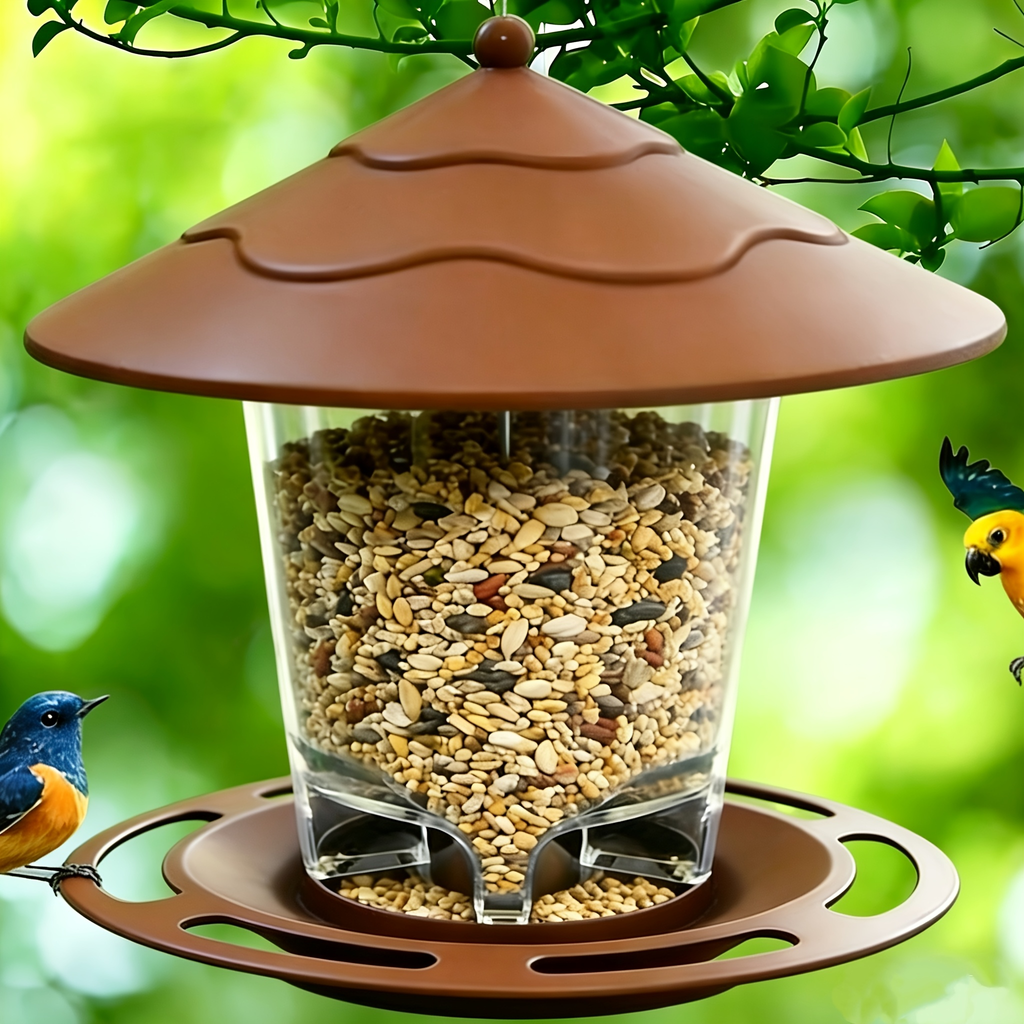 Hanging Bird Feeder with Tiered Roof, Clear Seed Chamber and Brown, Grey or Green Finish Options — image 15