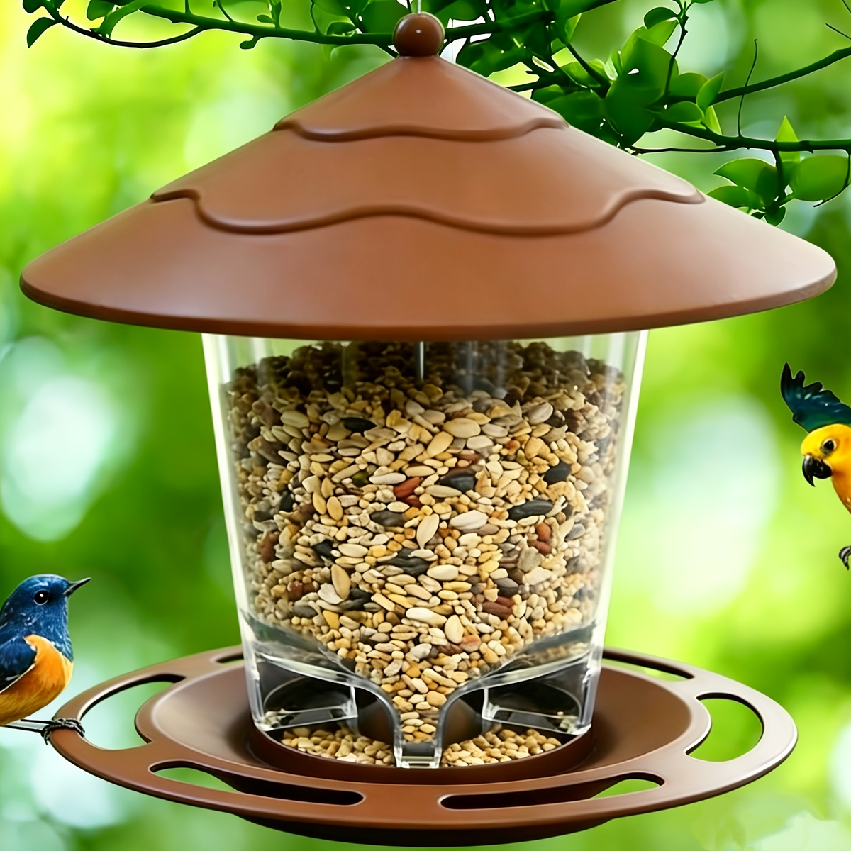 Hanging Bird Feeder with Tiered Roof, Clear Seed Chamber and Brown, Grey or Green Finish Options — image 15