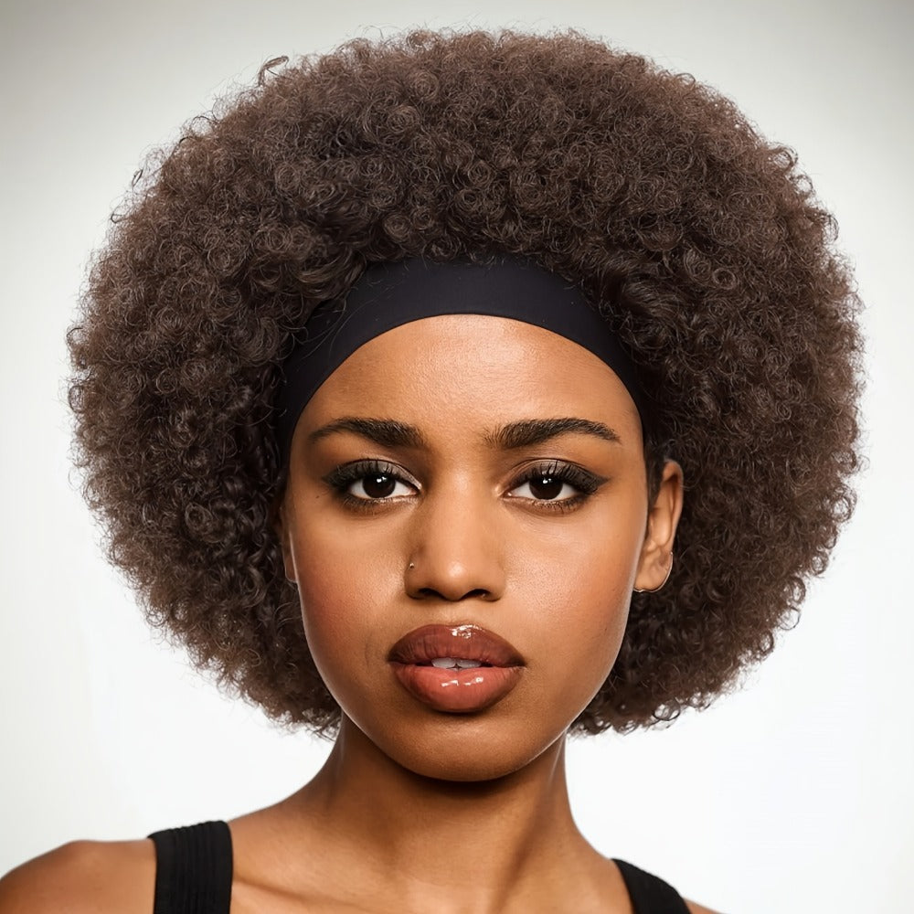 Afro Curly Headband Wig for Women Short Kinky Curly 180% Density – No Lace No Glue Synthetic Wig with Attached Headband, Heat