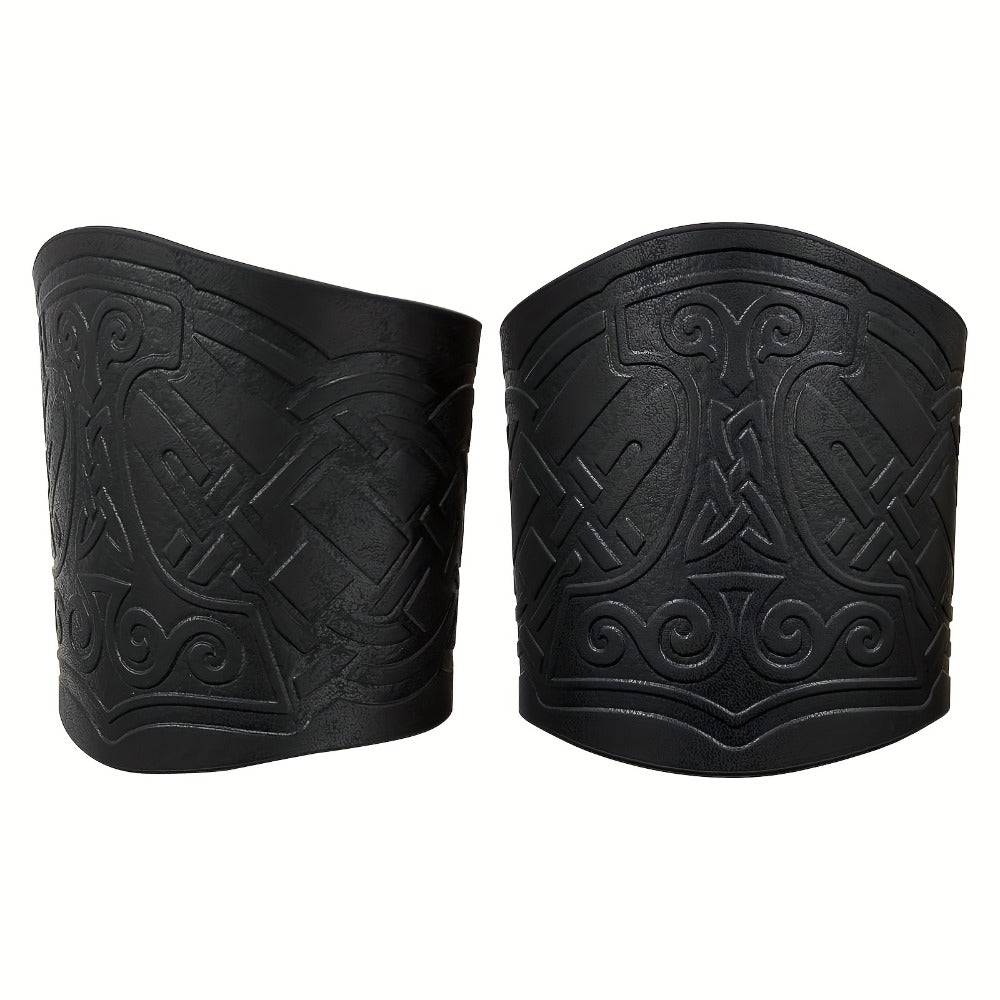 Viking Leather Cuff Bracelet Set 2pcs Norse Mythology Mjolnir Vegvisir Embossed Wristband for Men Women Halloween Gift — imag