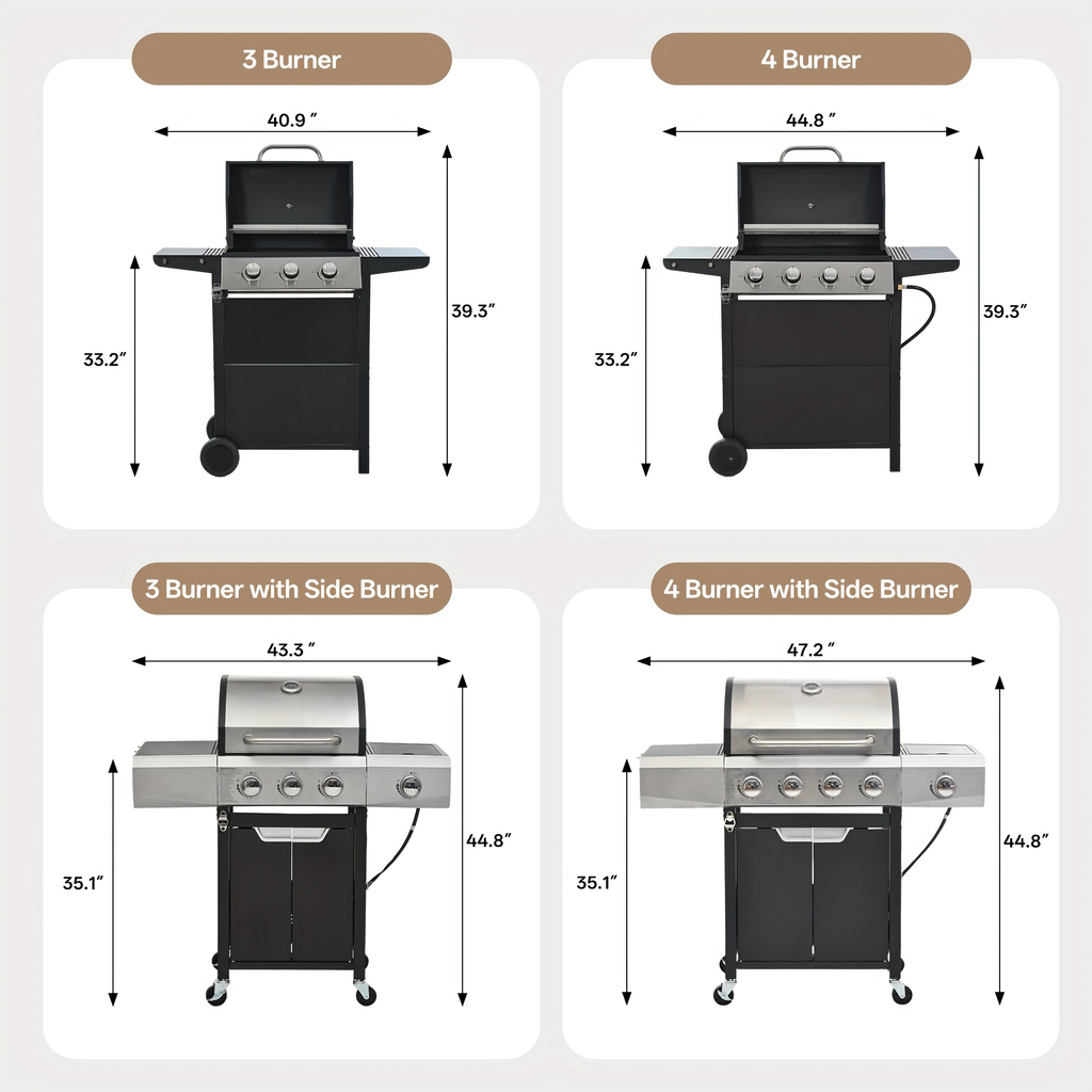 Propane Gas Grill Stainless Steel 3 & 4 Burner Outdoor BBQ Grill with Side Burner, Grill Cover & 344 Sq In Cooking Surface — 