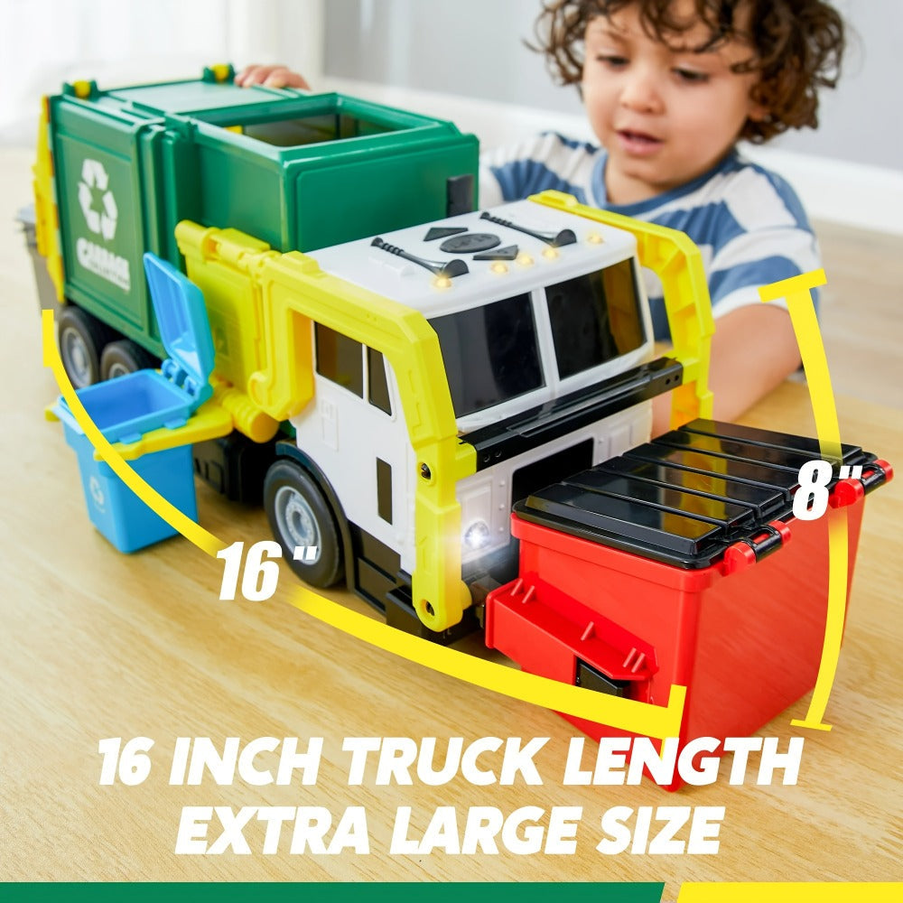 Garbage Truck Toy Set 16-Inch Large Friction-Powered with Lights & Sounds, Color-Coded Trash Bins — image 2