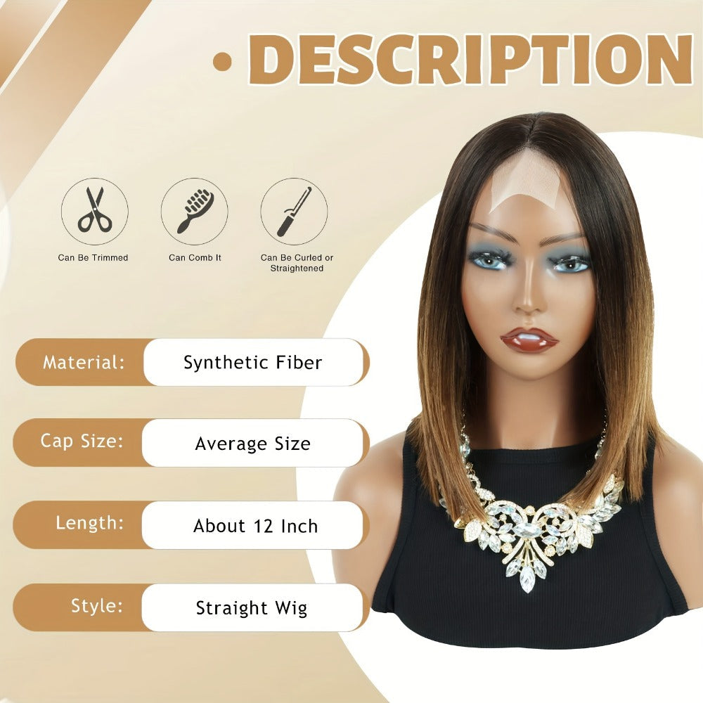 Synthetic Wig 13x2 U-Part Lace Front Straight Bob, 12-Inch Ombre Black-Brown for Daily Styling — image 5