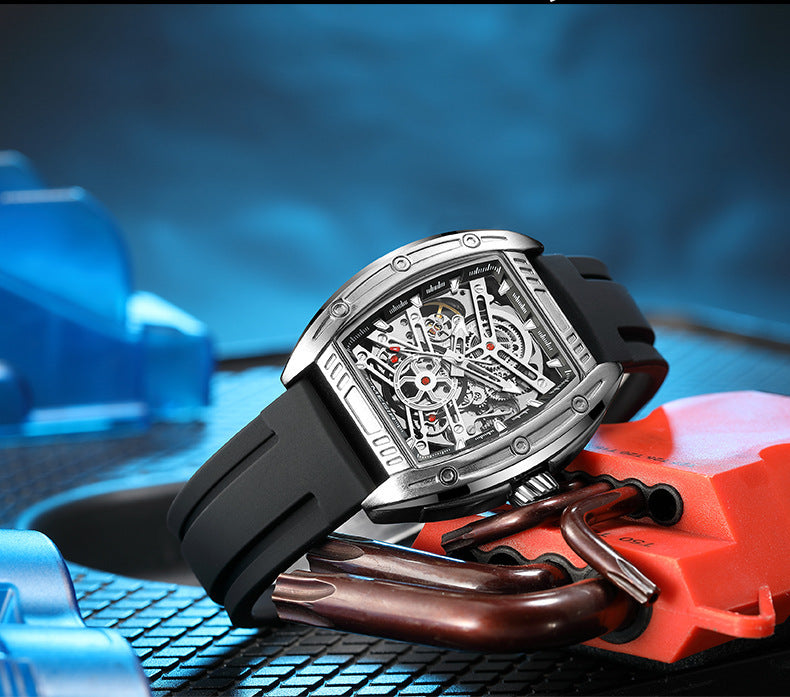 Men's Wine Barrel Type Mechanical Watch Silicone Tape