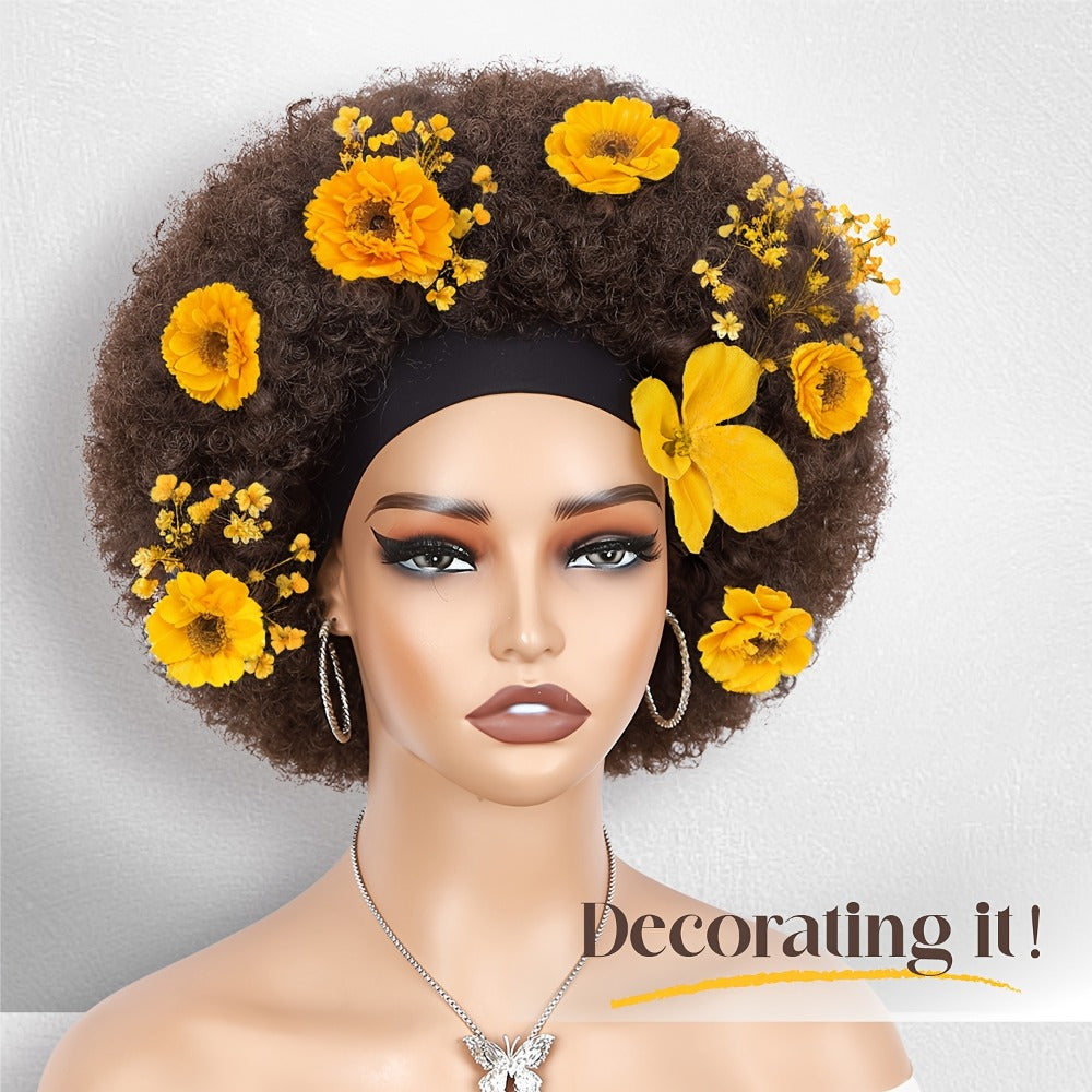 Afro Curly Headband Wig for Women Short Kinky Curly 180% Density – No Lace No Glue Synthetic Wig with Attached Headband, Heat