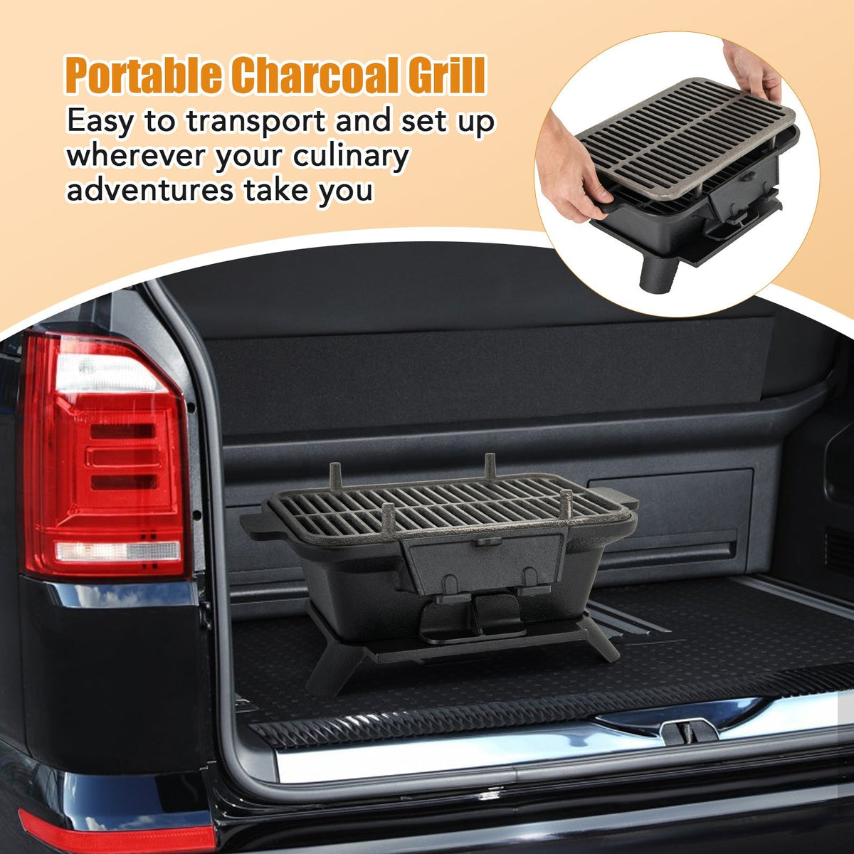 Cast Iron Charcoal Grill Portable Hibachi Tabletop BBQ Grill 16x11in Double-Sided Grate for Grilling, Camping and Outdoor Mea